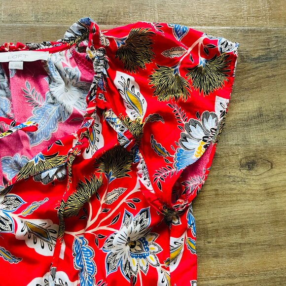 LOFT Red Floral Midi Dress Size Small | Ruffle Sleeve Boho Fit & Flare - Picture 7 of 10